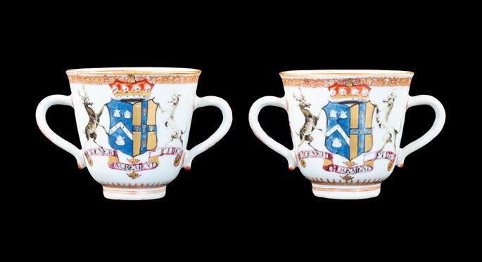 GG: Pair of Chinese export armorial two handled cups, arms of Townsend impaling Harrison | MasterArt